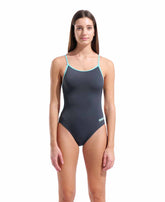 Arena women's lace back solid swimsuit in asphalt and water colors, featuring a stylish lace-back design for swimming and active wear.