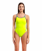Arena women's lace back solid swimsuit in Arctic Lime and Blue Cosmo, featuring a stylish design and comfortable fit.