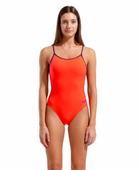 Arena women's lace back solid swimsuit in bright coral and plum with stylish design and supportive fit.