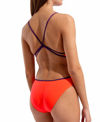 Arena women's lace-back solid swimsuit in bright coral and plum, featuring a stylish design and supportive fit for swimming.
