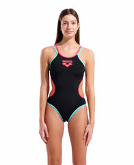 Arena women's one-piece swimsuit with double cross-back design in black, bright coral, and water blue, featuring a sleek, athletic fit.