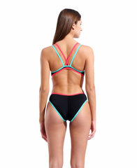 Arena women's one-piece swimsuit with double cross-back design in black, bright coral, and water blue, perfect for swimming.
