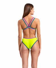Arena women's one-piece swimsuit with double cross-back design in Arctic Lime, Blue Cosmo, and Plum colors.