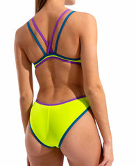 Arena women's one-piece swimsuit with double cross-back design in Arctic Lime, Blue Cosmo, and Plum colors.