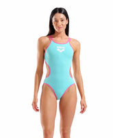 Arena women's one-piece swimsuit with double cross-back design in vibrant water and shocking pink, suitable for swimming and active wear.