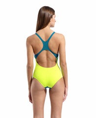 Arena women's Team Swim Pro Back solid swimsuit in blue Cosmo and Arctic Lime, featuring a sleek design and supportive fit.