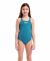 Arena girls' blue Cosmo/Water swimpro solid swimsuit with a sleek back design, ideal for competitive swimming and training.