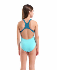 Arena girls' Team Swim Pro Back solid swimsuit in Blue Cosmo and Water, featuring a sleek design and comfortable fit.