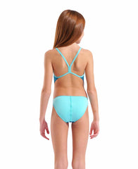 Arena girls' Team Challenge back solid swimsuit in blue Cosmo and Water color, featuring a sleek design for competitive swimming.