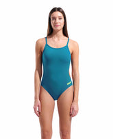 Arena women's Team Challenge back solid swimsuit in blue Cosmo and Arctic Lime, featuring a sleek design and supportive fit.
