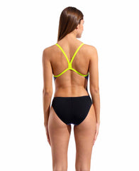 Arena women's Team Challenge back solid swimsuit in dusk, black, and Arctic Lime with a sleek, supportive design for competitive swimming.