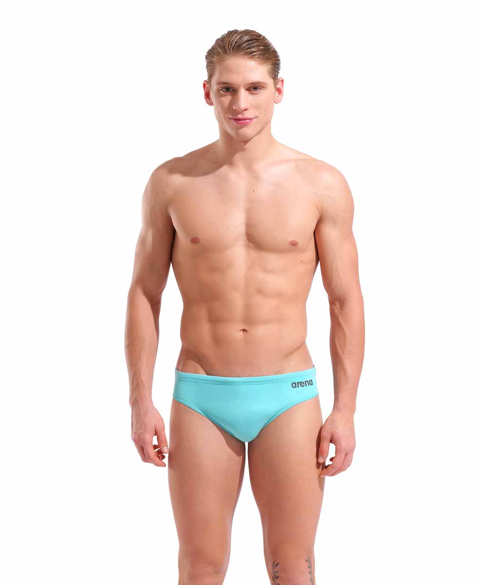 Arena men's swim briefs in solid water/asphalt color, featuring a snug fit and durable fabric for competitive swimming.