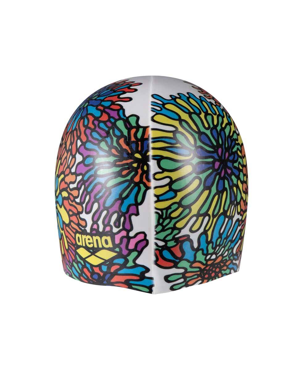 Arena HD Garden print swim cap in white and multi colors, featuring vibrant garden-themed design for comfortable swimming.