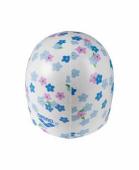 Arena HD flower print swim cap in white and multi-color with vibrant flower patterns, designed for comfortable swimming.