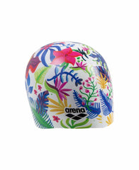 Arena HD Picture Print swim cap in white and multi-color design, made of durable material for competitive swimming.