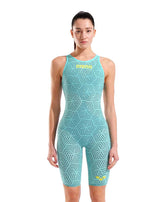 Arena Women's Carbon Air2 Ltd Edition open-back kneesuit in Water Maze design, featuring sleek, hydrodynamic fabric for competitive swimming.