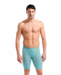 Arena men's Carbon Air2 jammer in Water Maze design, showcasing sleek black fabric with blue accents and branding.