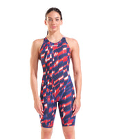 Arena Women's Powerskin ST Next Aqua Gleam Limited Edition kneesuit in red, white, and blue, featuring sleek swimwear design.