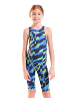 Arena Girls Powerskin ST Next Aqua Gleam limited edition kneesuit with aqua and gleam design, flexible swimwear for young swimmers.
