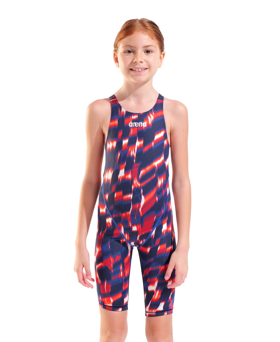 Arena Girls Powerskin ST Next Aqua Gleam limited edition kneesuit in red, white, and blue with sleek design and athletic fit.