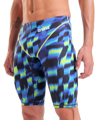 Arena men's Powerskin ST Next Aqua Gleam limited edition swim jammer with sleek aqua and gleam design, close-up view of the fabric and branding.