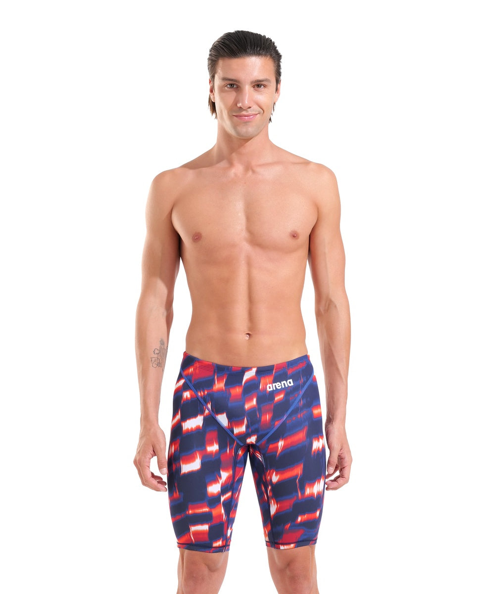 Arena men's Powerskin ST Next Aqua Gleam limited edition jammer in red, white, and blue with sleek swimwear design.