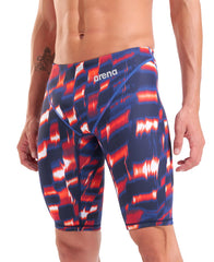 Arena men's Powerskin ST Next Aqua Gleam limited edition jammer in red, white, and blue, with sleek swimwear design visible.