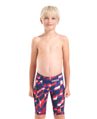 Arena Boys Powerskin ST Next Aqua Gleam limited edition swim jammer in red, white, and blue with sleek design and branding.