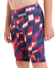 Arena Boys Powerskin ST Next Aqua Gleam limited edition swim jammer in red, white, and blue with sleek, performance-focused design.