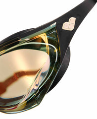 Arena Cobra Edge Swipe Mirror goggles in yellow copper and black with sleek swim goggle design and mirrored lenses.