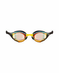 Arena Cobra Edge Swipe Mirror goggles in yellow copper and black with mirrored lenses, designed for competitive swimming.