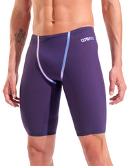 Arena men's Powerskin Primo jammer in midnight blue with chrome finish, showcasing sleek swimwear design and logo details.