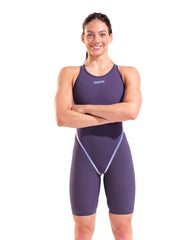 Arena Women's Powerskin Primo Midnight Chrome Limited Edition kneesuit in sleek midnight blue with chrome accents, designed for competitive swimmers.