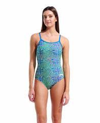 Arena women's snakeskin lightdrop back swimsuit in blue Cosmo and multi colors, featuring a stylish snakeskin pattern and sleek design.