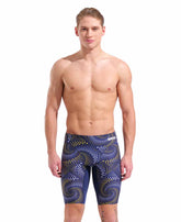 Arena men's Fireflow swim jammer in navy with yellow accents, designed for competitive swimming and performance.