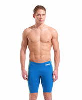 Blue Arena men's snakeskin swim jammers with a multicolored snakeskin pattern, designed for competitive swimming.