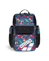 Arena One Go Allover Backpack 45L showing a navy blue backpack with adjustable straps and multiple compartments.