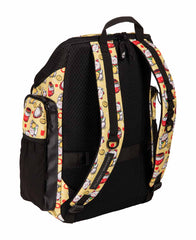 Arena One Go Allover Backpack 45L in Neko pattern, featuring multiple compartments and adjustable straps for versatile carrying.