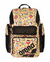 Arena One Go Allover Backpack 45L Neko in black with colorful pattern, featuring multiple compartments and adjustable straps.