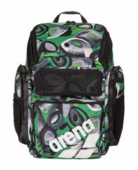 Arena One Go Allover Backpack 45L in Kente fabric, featuring multiple compartments and adjustable straps for versatile travel use.