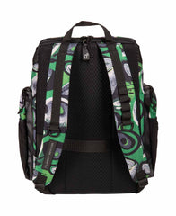 Arena One Go Allover Backpack 45L in Kente fabric showing a spacious blue and Kente patterned backpack with adjustable straps.