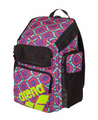 Arena One Go Allover Backpack 45L with floral pattern, featuring multiple compartments and adjustable straps for outdoor use.