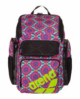 Arena One Go Allover Backpack 45L with floral pattern, featuring multiple compartments and adjustable straps for outdoor use.