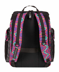 Arena One Go Allover Backpack 45L with a vibrant floral pattern, featuring multiple compartments and adjustable straps.