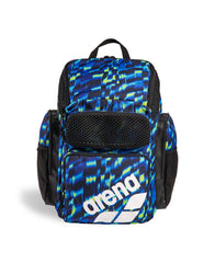 Arena One Go Allover Backpack 45L in aqua and gleam with multiple compartments and adjustable straps.