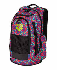 Arena All Set Allover Backpack 45L with floral pattern, featuring multiple compartments and adjustable straps.