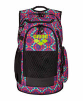 Arena All Set Allover Backpack 45L with vibrant floral design, featuring multiple compartments and padded straps for comfort.