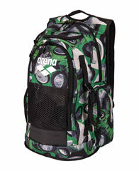 Arena All Set Allover Backpack 45L with vibrant Kente fabric design, featuring multiple compartments and adjustable straps.