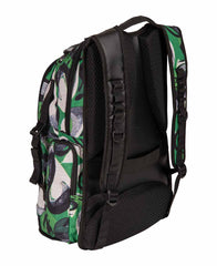 Arena All Set Allover Backpack 45L with Kente pattern, featuring multiple compartments and adjustable straps.