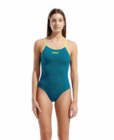 Blue Arena women's solid tie-back swimsuit with lime accents, featuring a sleek design and supportive fit.